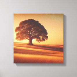 Lone Tree Under Vintage Sunset in Field Canvas Afdruk