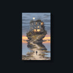 Lone Walker Surreal Floating Ruin Moon Canvas Afdruk<br><div class="desc">A solitary figure in a dark suit strides along a narrow path of cracked earth toward a decaying multi-story building that impossibly crowns a jagged floating island. Warm golden light spills from broken windows and an occupied balcony, while wildflowers, overgrown weeds, and bare twisted trees cling to the rocky edges....</div>