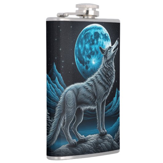 Lone Wolf en Full Moon Zwart en Blauw Heupfles (Rechts)