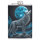Lone Wolf en Full Moon Zwart en Blauw Heupfles (Voorkant)