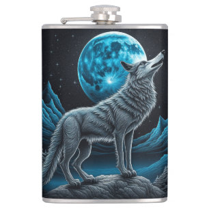 Lone Wolf en Full Moon Zwart en Blauw Heupfles