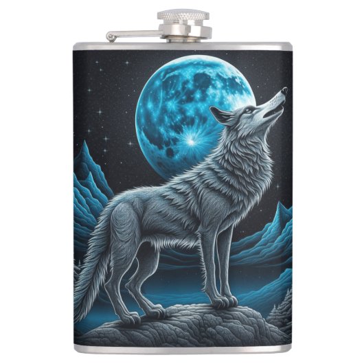 Lone Wolf en Full Moon Zwart en Blauw Heupfles (Voorkant)