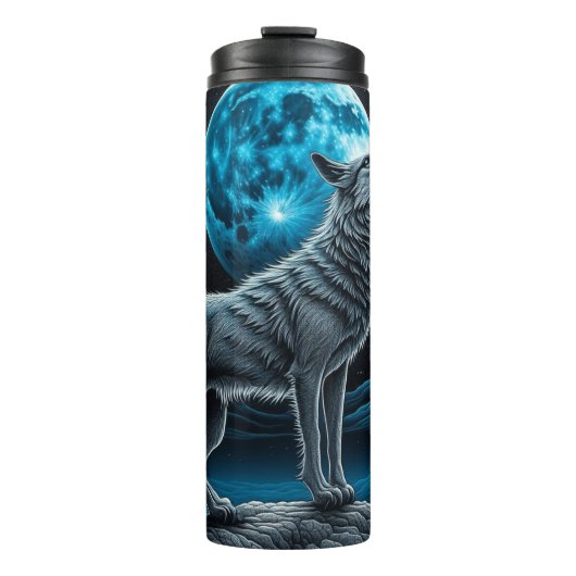 Lone Wolf en Full Moon Zwart en Blauw Thermosbeker (Voorkant)