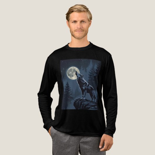 Lone Wolf Howling at the Moon Night Forest Art Tri-Blend Shirt (Voorkant)