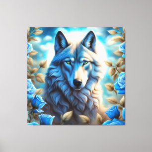 Lone Wolf in de Betoverde Blauwe Rozen Tuin Canvas Afdruk