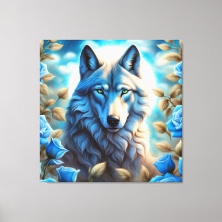 Lone Wolf in de Betoverde Blauwe Rozen Tuin Canvas Afdruk