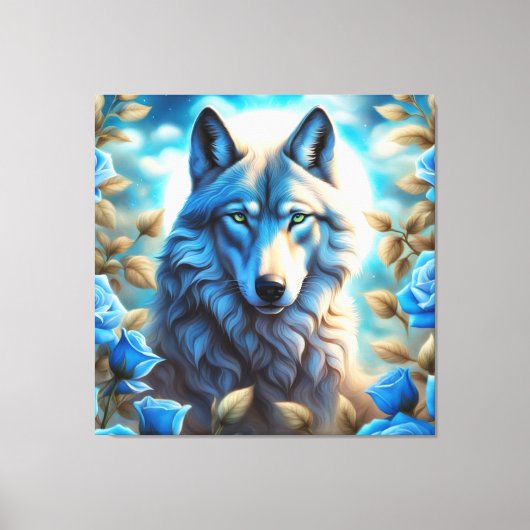 Lone Wolf in de Betoverde Blauwe Rozen Tuin Canvas Afdruk (Voorkant)