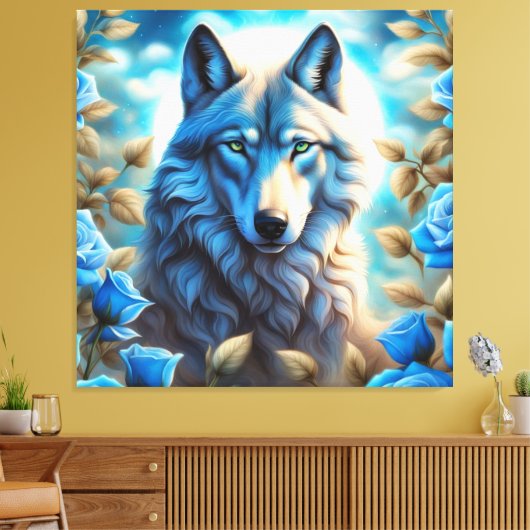 Lone Wolf in de Betoverde Blauwe Rozen Tuin Canvas Afdruk (Insitu (Woonkamer))