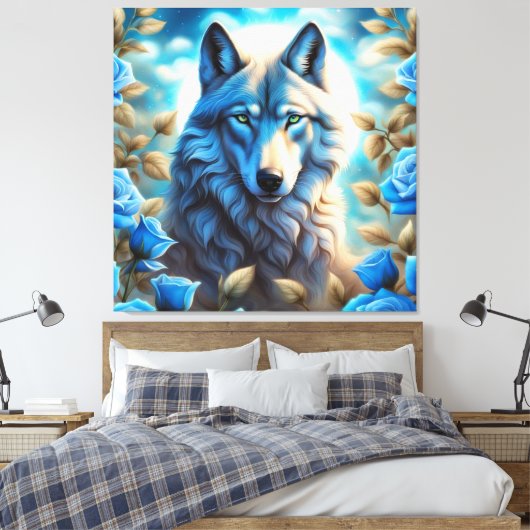 Lone Wolf in de Betoverde Blauwe Rozen Tuin Canvas Afdruk (Insitu (Slaapkamer))