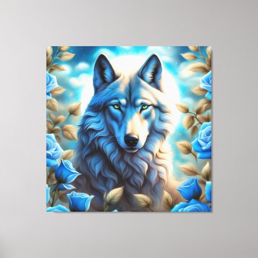 Lone Wolf in de Betoverde Blauwe Rozen Tuin Canvas Afdruk (Voorkant)