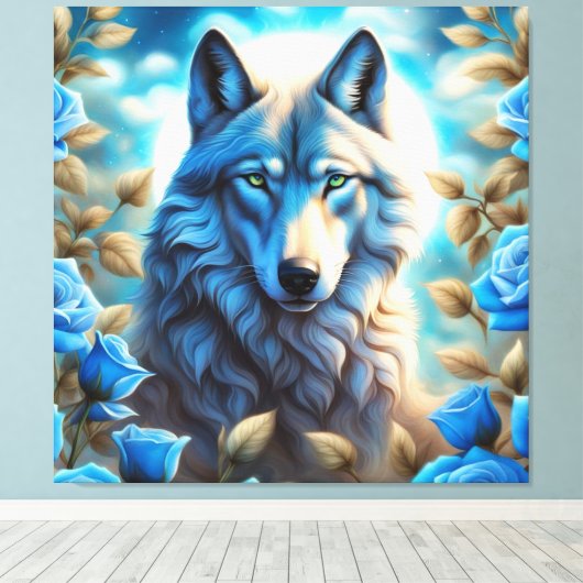 Lone Wolf in de Betoverde Blauwe Rozen Tuin Canvas Afdruk (Insitu (Houten vloer))