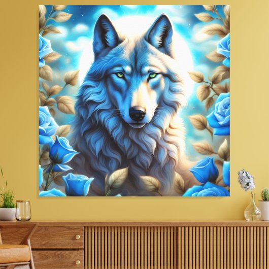 Lone Wolf in de Betoverde Blauwe Rozen Tuin Canvas Afdruk (Insitu (Woonkamer))
