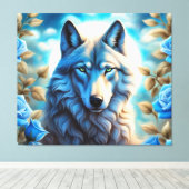 Lone Wolf in de Betoverde Blauwe Rozen Tuin Canvas Afdruk (Insitu (Houten vloer))