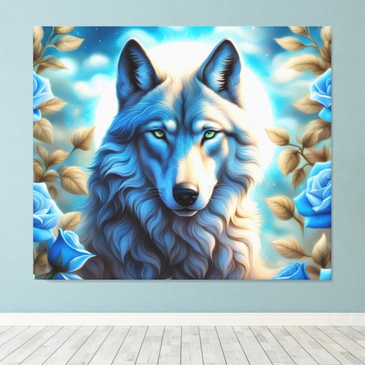 Lone Wolf in de Betoverde Blauwe Rozen Tuin Canvas Afdruk (Insitu (Houten vloer))