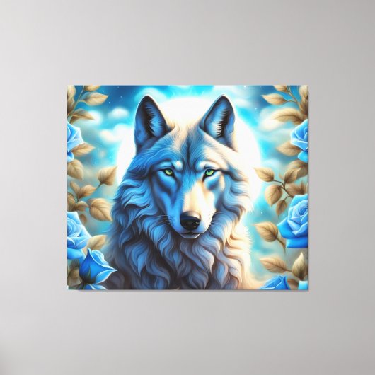 Lone Wolf in de Betoverde Blauwe Rozen Tuin Canvas Afdruk (Voorkant)