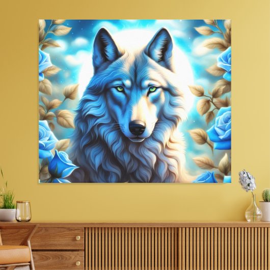 Lone Wolf in de Betoverde Blauwe Rozen Tuin Canvas Afdruk (Insitu (Woonkamer))