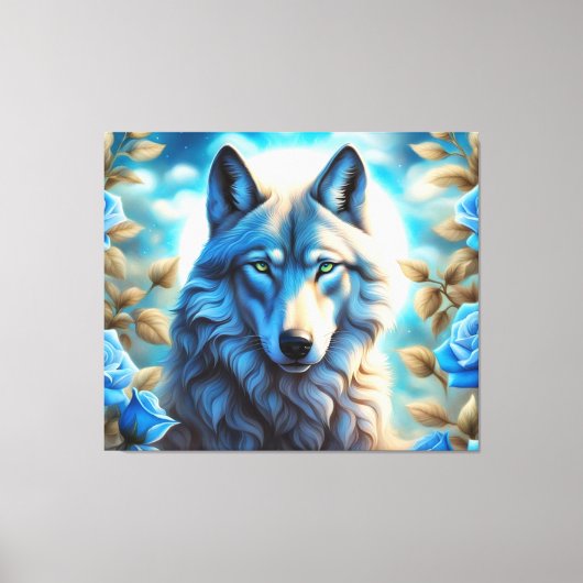 Lone Wolf in de Betoverde Blauwe Rozen Tuin Canvas Afdruk (Voorkant)