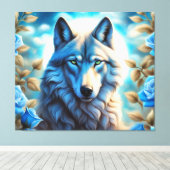 Lone Wolf in de Betoverde Blauwe Rozen Tuin Canvas Afdruk (Insitu (Houten vloer))