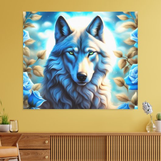 Lone Wolf in de Betoverde Blauwe Rozen Tuin Canvas Afdruk (Insitu (Woonkamer))