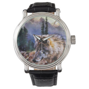 Lone Wolf Natuur Mannen Black Leather Watch Horloge