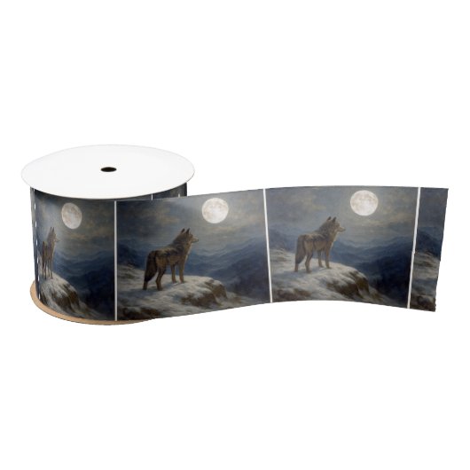Lone Wolf on a Mountaintop In Moonlight Satijnen Lint (Spoel)