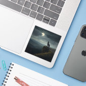 Lone Wolf Under the Moon – A Timeless Painting Sticker (Laptop met iPhone)