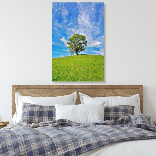 Lonely Tree – Serene grasveld Canvas Afdruk (Insitu (Slaapkamer))