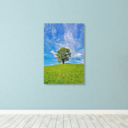 Lonely Tree – Serene grasveld Canvas Afdruk (Insitu (Houten vloer))