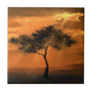 Lonely Tree Sunbeams Ceramic Tile Painting Tegeltje