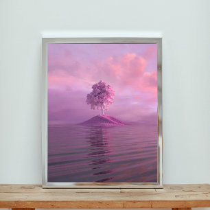 Lonesome Pink Tree op een Paarse eiland in de ocea Foto Afdruk