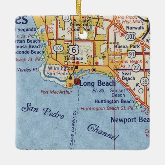 Long Beach CA 50's Map Keramisch Ornament (Voorkant)