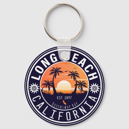 Long Beach Ca Palm Tree Retro Sunset Souvenir 60s Sleutelhanger (Voorkant)