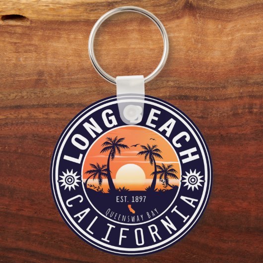 Long Beach Ca Palm Tree Retro Sunset Souvenir 60s Sleutelhanger (Achterkant)