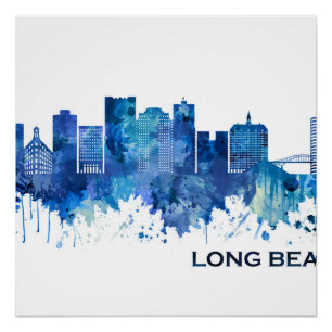 Long Beach California Skyline Blue Perfect Poster