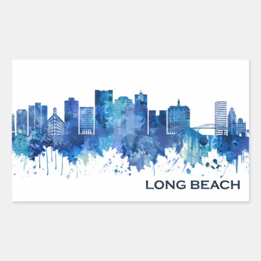 Long Beach California Skyline Blue Rechthoekige Sticker (Voorkant)