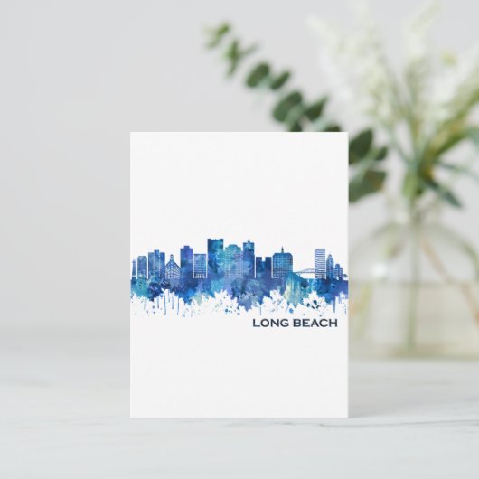 Long Beach California Skyline Blue Uitnodiging Briefkaart (Staand voorkant)
