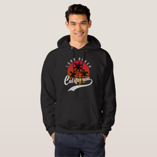 Long Beach Retro Sunset Black Hoodie (Voorkant volledig)