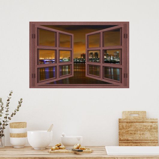 Long Beach Skyline bij nacht Open Window Poster (Keuken)