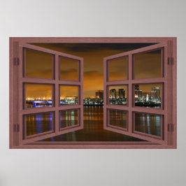Long Beach Skyline bij nacht Open Window Poster