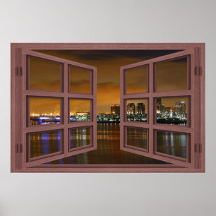Long Beach Skyline bij nacht Open Window Poster