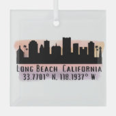 Long Beach Skyline Latitude en Lengtegraad Glas Ornament (Voorkant)