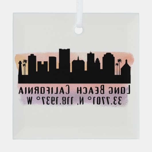 Long Beach Skyline Latitude en Lengtegraad Glas Ornament (Achterkant)