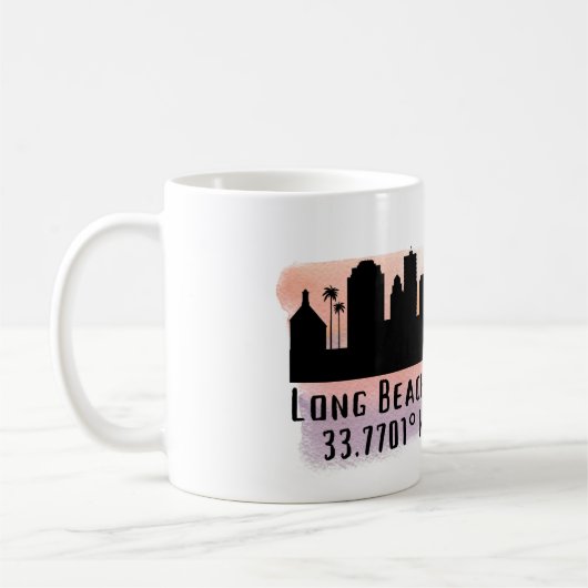 Long Beach Skyline Latitude en Lengtegraad Koffiemok (Links)