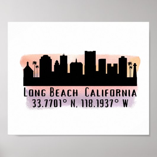 Long Beach Skyline Latitude en Lengtegraad Poster (Voorkant)