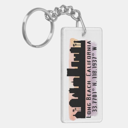 Long Beach Skyline Latitude en Lengtegraad Sleutelhanger (Voorkant Links)