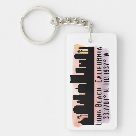 Long Beach Skyline Latitude en Lengtegraad Sleutelhanger (Voorkant)