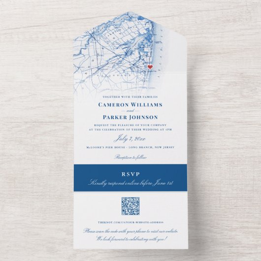 Long Branch New Jersey Kaart Elegant Navy Bruiloft (Binnen)