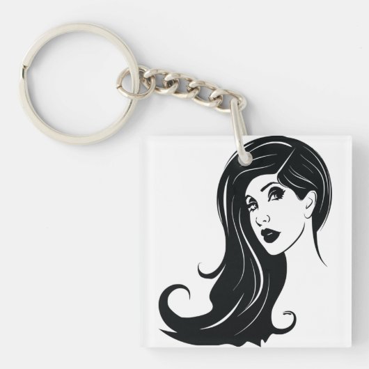 Long Hair Beauful Woman Mode Art Sleutelhanger (voorkant)
