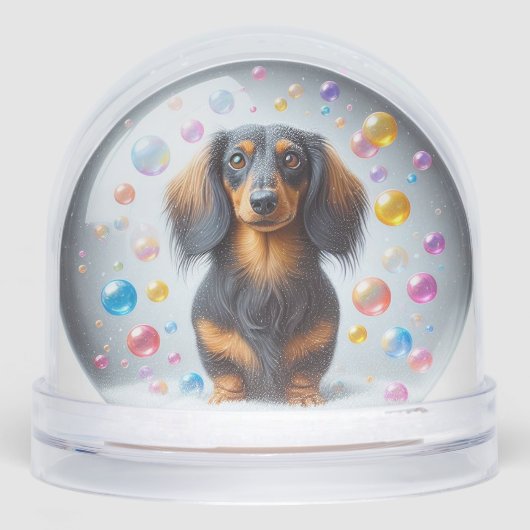 LONG HAIR BLACK AND TAN DACHSHUND SNOW GLOBE SNEEUWBOL (Voorkant)