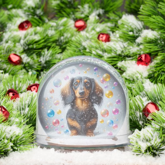 LONG HAIR BLACK AND TAN DACHSHUND SNOW GLOBE SNEEUWBOL (Kerstmis)